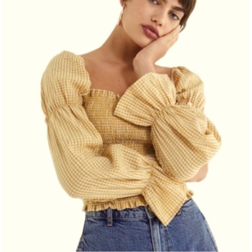Urban Outfitters Yellow Gingham Long Sleeve Smocked Top